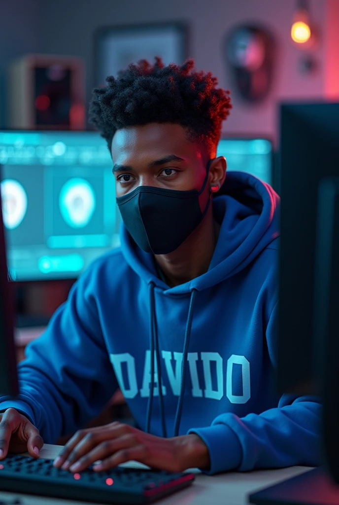 A black programmer puting on black facemask sitting in his computer setup wearing a blue hoodie with his name DAVIDO in it