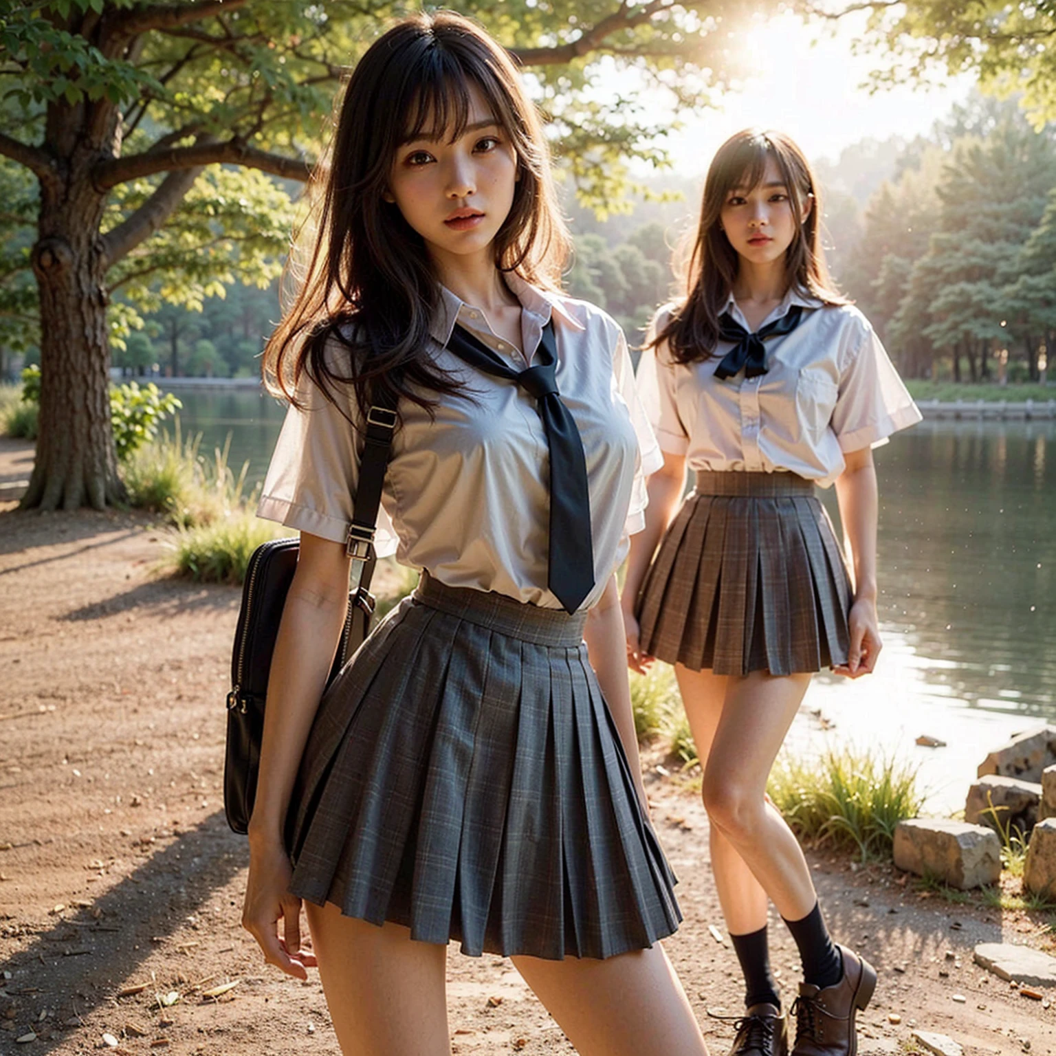 (masterpiece, best quality:1.2), (8k, uhd, ultra high res), professional lighting, (super intricate all details), (super realistic all textures),  realistic photo, ultra sharp photo result, superrealism, Lakeside park with sunlight shining through the trees, (school uniform, shirt, skirt),  japanese female, , , skinny body, flat chest, (Tanned wheat skin:1.2), beautiful face, super detailed face,  Dramatic poses with movement