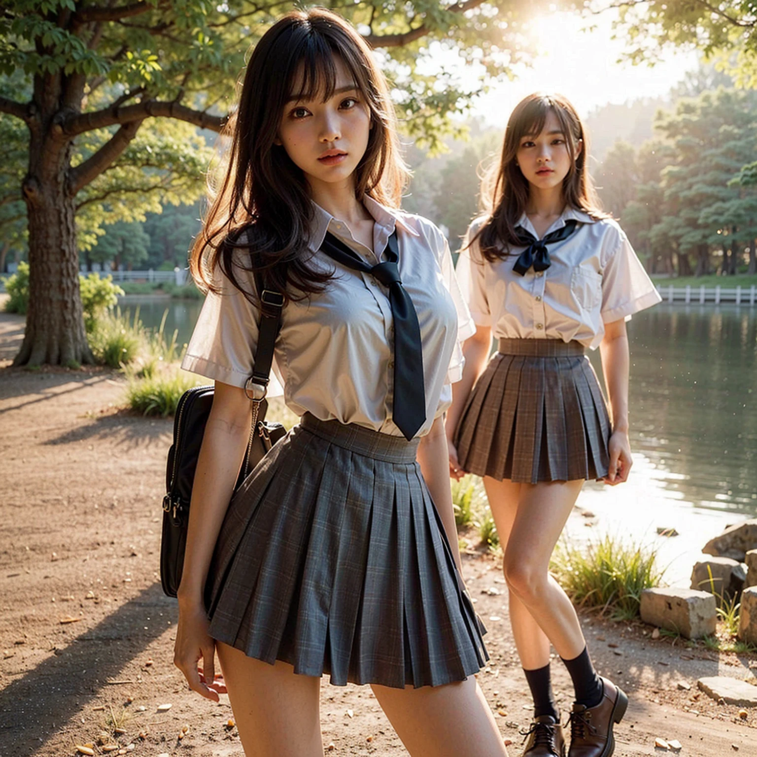 (masterpiece, best quality:1.2), (8k, uhd, ultra high res), professional lighting, (super intricate all details), (super realistic all textures), realistic photo, ultra sharp photo result, superrealism, Lakeside park with sunlight shining through the trees, (school uniform, shirt, skirt), japanese female, , , skinny body, flat chest, (Tanned wheat skin:1.2), beautiful face, super detailed face, Dramatic poses with movement