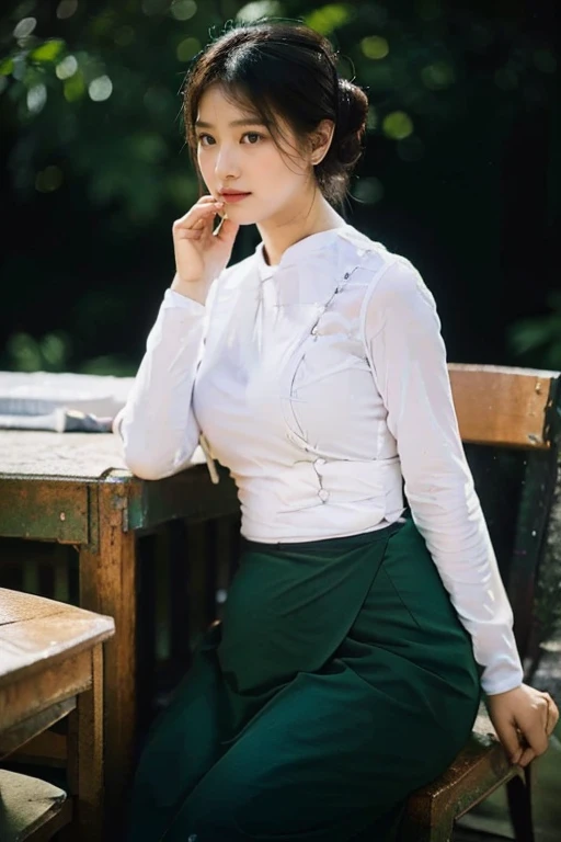 a 30year old female school teacher, tall, thin, big hips, big breasts, black hair, small lips, brown eyes, attractive, detailed portrait,(best quality,4k,8k,highres,masterpiece:1.2),ultra-detailed,(realistic,photorealistic,photo-realistic:1.37),HDR,UHD,studio lighting,ultra-fine painting,sharp focus,physically-based rendering,extreme detail description,professional,vivid colors,bokeh,portrait,female,white Burmese blouse,long sleeves,buttoned at side,dark green long skirt,Burmese sandals,hair in bun,pregnant