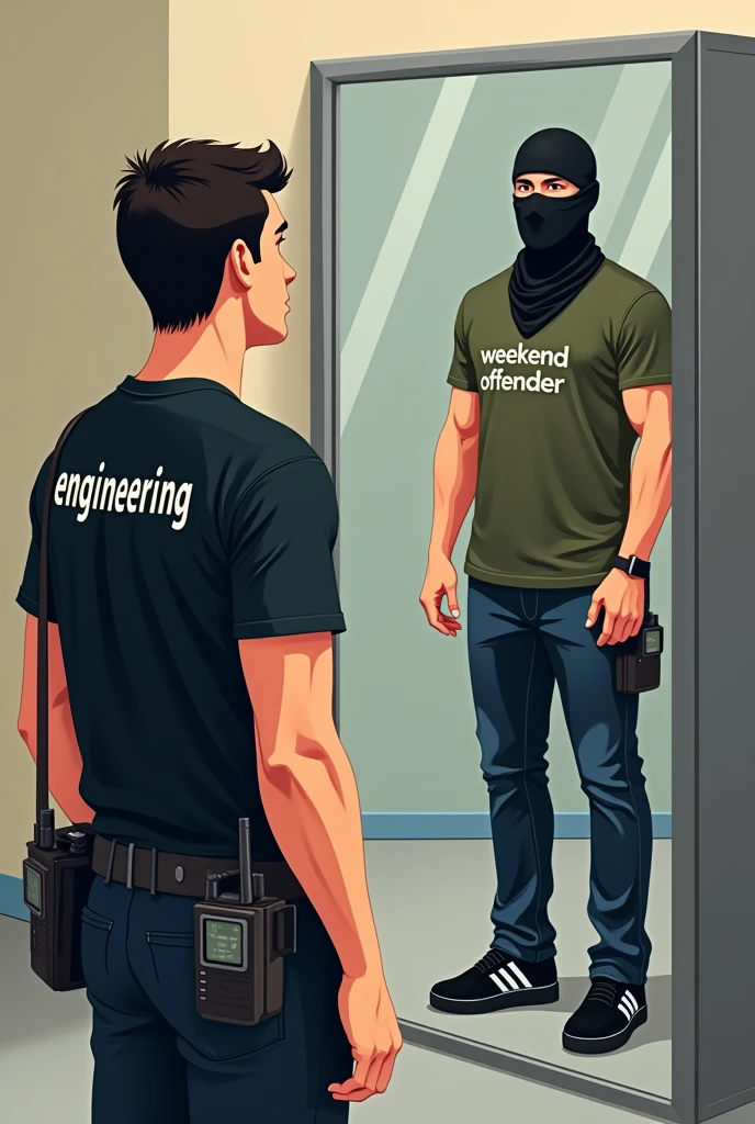 depict in vector form a technician dressed, safety shoes, carrying HT on his shoulder, and his shirt is black with engineering written on the back, and neat hair with round facial gestures, The man was looking in the mirror in the cupboard but his reflection was a muscular man wearing a black balaclava., wearing an army green shirt with weekend offender written on it, and wearing black adidas shoes with 3 blue stripes