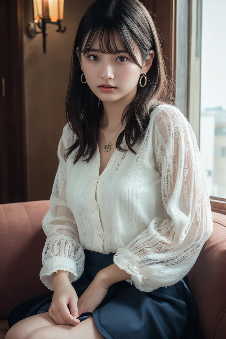 (Highest quality:1.4)，(masterpiece:1.4)，(Realistic:1.4)，(Realistic:1.2)，(超High resolution， RAW Photos:1.4)，(High resolution， Ultra-detailed:1.2)，(8k:1.2)，View your viewers，Cinematic photography，One person，skeletally correct，Black-haired woman，Woman in her early 20s，(Small earrings，necklace，White blouse with voluminous sleeves，Ivory crochet long skirt)，（Western-style building interior，Dimly lit room，The lamplight shines on my cheeks，Sit on the sofa）