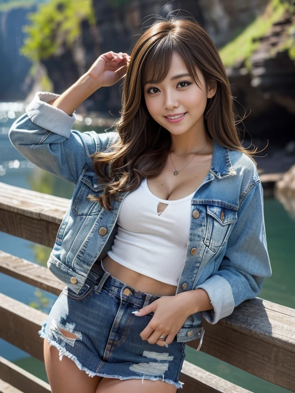 Highest quality, masterpiece, Ultra-high resolution, (Realistic:1.4), Beautiful woman, Clear grey V-neck shirt, G-string, Cleavage, ((Denim jacket))， Center of chest, Tight waist, Glowing Skin, 魅惑的なsmile, Bokeh, smile,  pubic hair, thick pubic hair, long pubic hair, Denim mini skirt, Brown Hair、Waterfall on the background of the canyon、