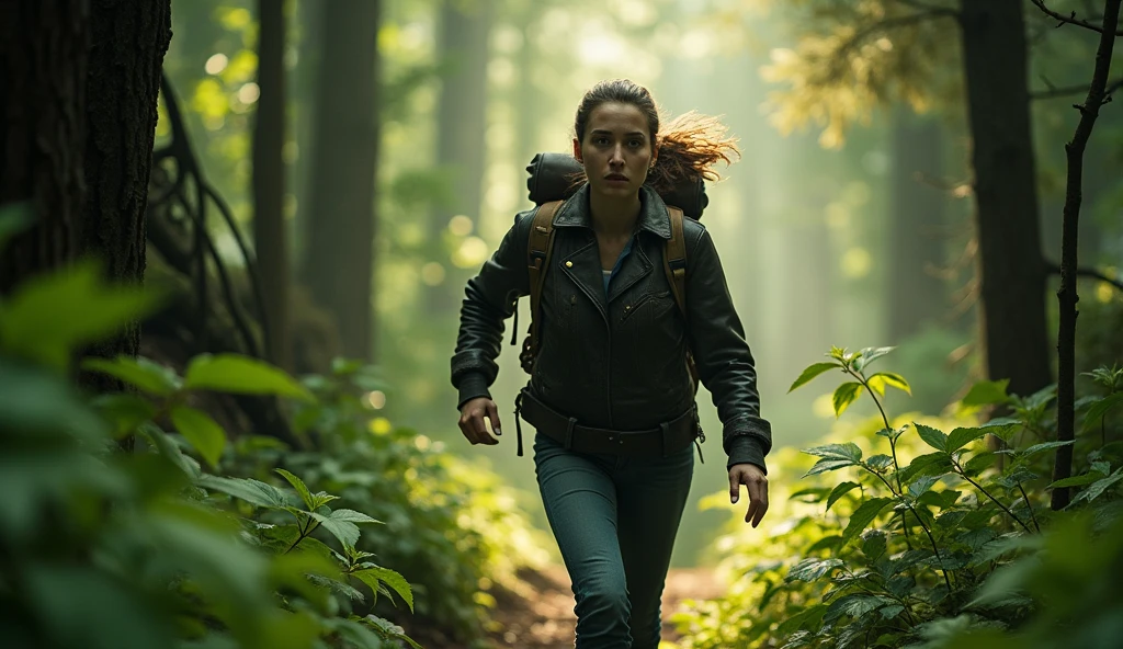 cinematic lighting, shallow depth of field, intense gritty, back view shot of a woman wearing worn leather jacket, denim pants, large backpack, running through lush bushes inside a forest.