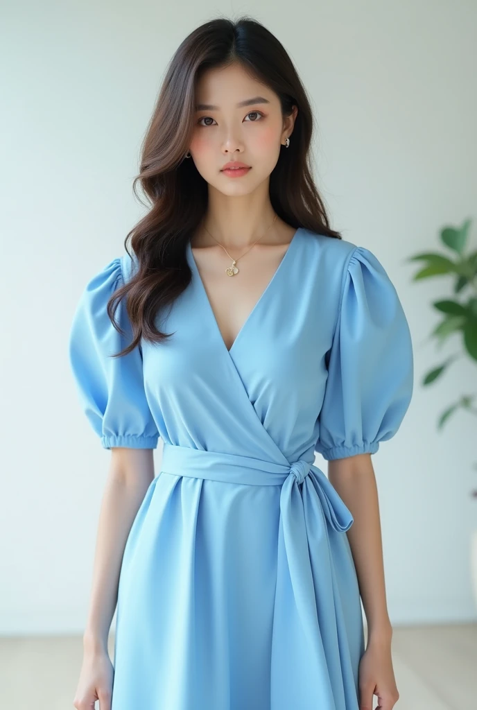 A light-skinned Korean woman, looking straight ahead, with a big chest, wearing sky blue summer clothes