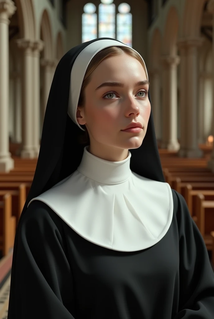 (photorealism:1.2), beautiful woman, church nun, ponytail hairstyle,