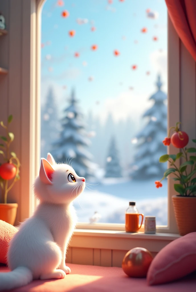 Setting:* A cozy, warm home with a large window showing a snowy landscape outside.
- *Character:* A curious white cat with big, inquisitive eyes, peeking out the window.
- *Details:* 3D rendering cartoon, 4K, clear.