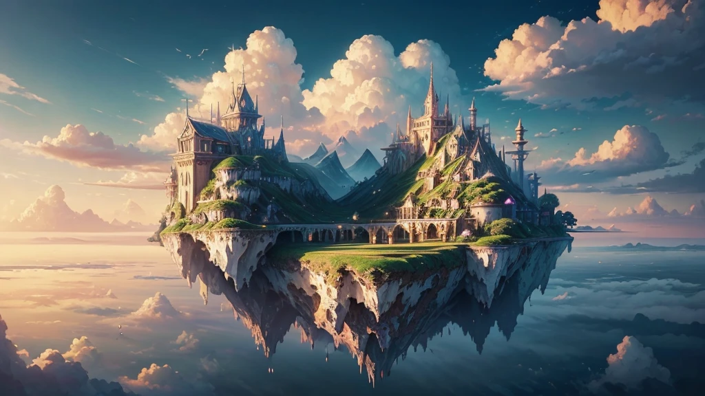 ((masterpiece)),((Highest quality)),((High Detail)),nobody,background, fantasy, Floating Island, Floating Island, Pastel clouds, Floating City, gem