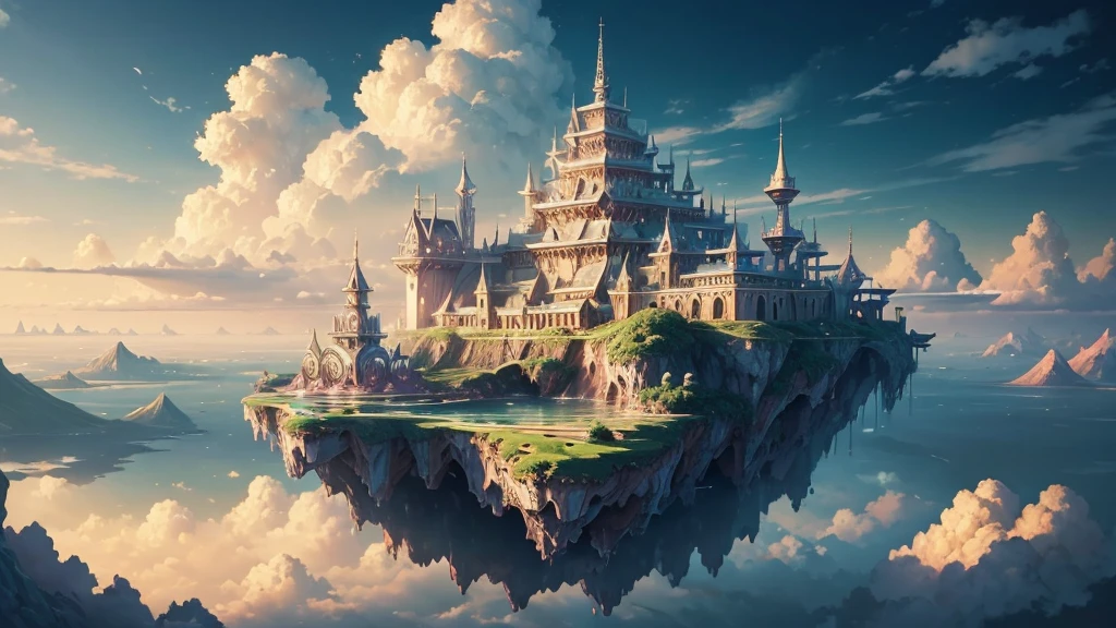 ((masterpiece)),((Highest quality)),((High Detail)),nobody,background, fantasy, Floating Island, Floating Island, Pastel clouds, Floating City, gem