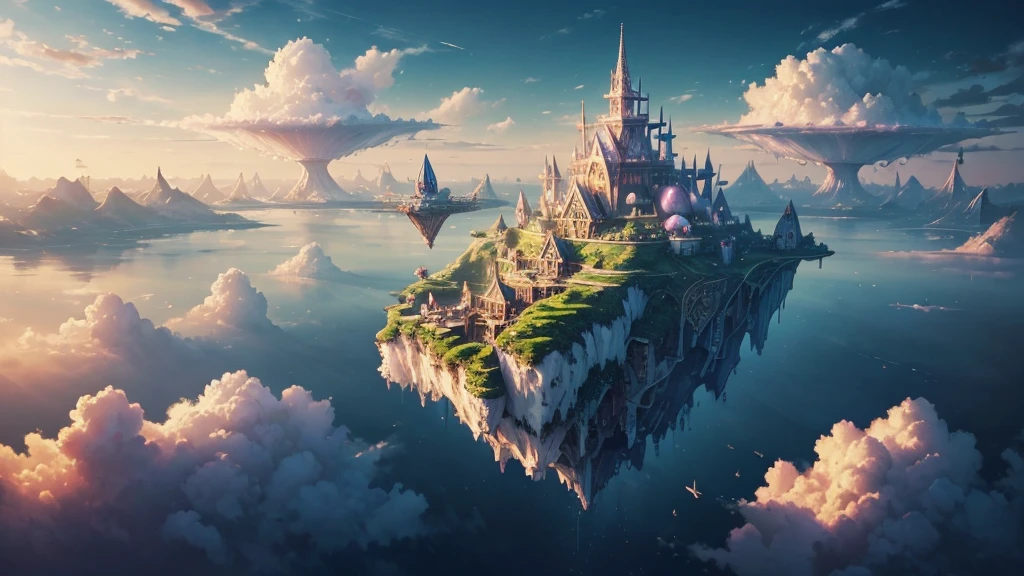 ((masterpiece)),((Highest quality)),((High Detail)),nobody,background, fantasy, Floating Island, Floating Island, Pastel clouds, Floating City, gem