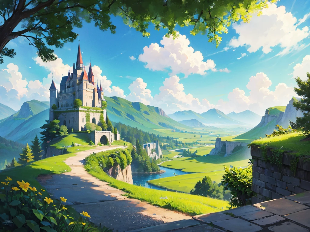 In this anime-style fantasy world, you see an expansive green landscape stretching as far as the eye can see. The sky is clear blue with a few scattered white clouds, and the warm sunlight bathes the scene, giving it a peaceful and inviting atmosphere.

In the distance, there's a small town filled with houses with orange and red rooftops. The most prominent feature is a large stone castle perched on a hill, with tall towers that stand out against the horizon. Some towers have flags gently waving in the breeze. Roads and bridges connect various parts of the town, making it look like something straight out of a fairy tale.

The vast green fields are dotted with large trees, and in some areas, colorful flowers bloom, adding vibrancy to the scene. A small river winds its way through the landscape, creating a soft, calming sound as it flows.

You might also spot some fantastical creatures, like small dragons or cute animals, wandering through the fields, adding a touch of magic and otherworldliness to the scene.

This description should help you visualize the anime-style fantasy world with a vast green landscape and a distant town clearly and vividly