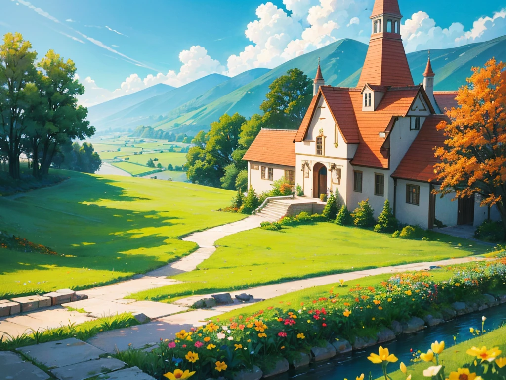 In this anime-style fantasy world, you see an expansive green landscape stretching as far as the eye can see. The sky is clear blue with a few scattered white clouds, and the warm sunlight bathes the scene, giving it a peaceful and inviting atmosphere.
In the distance, there's a small town filled with houses with orange and red rooftops. The most prominent feature is a large stone castle perched on a hill, with tall towers that stand out against the horizon. Some towers have flags gently waving in the breeze. Roads and bridges connect various parts of the town, making it look like something straight out of a fairy tale.
The vast green fields are dotted with large trees, and in some areas, colorful flowers bloom, adding vibrancy to the scene. A small river winds its way through the landscape, creating a soft, calming sound as it flows.
You might also spot some fantastical creatures, like small dragons or cute animals, wandering through the fields, adding a touch of magic and otherworldliness to the scene.
This description should help you visualize the anime-style fantasy world with a vast green landscape and a distant town clearly and vividly