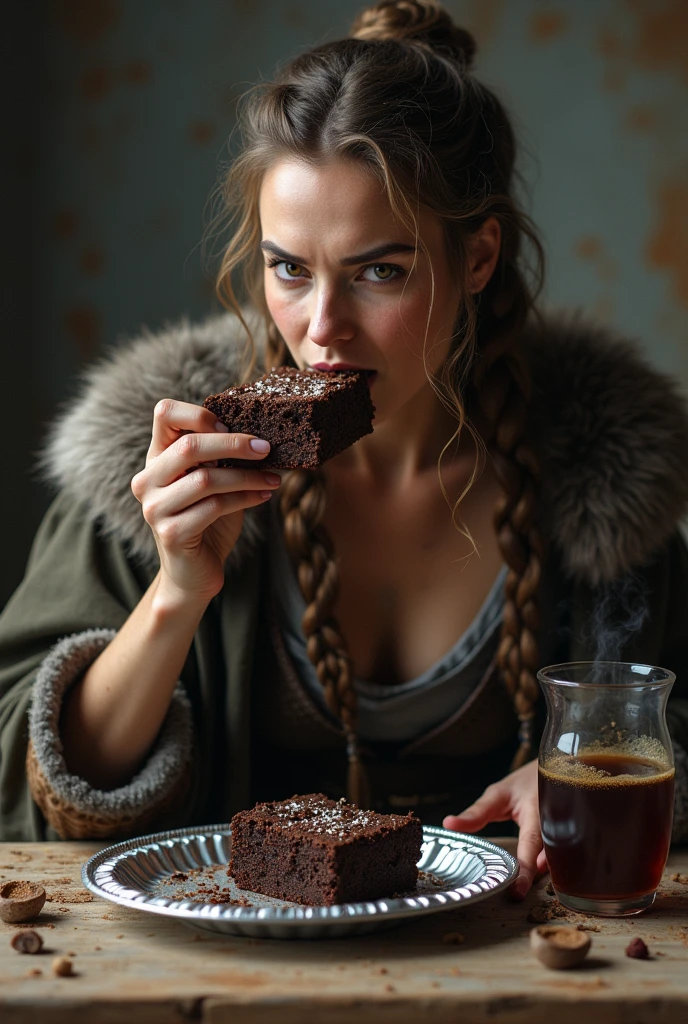 Viking woman eating brownie on small aluminum tray