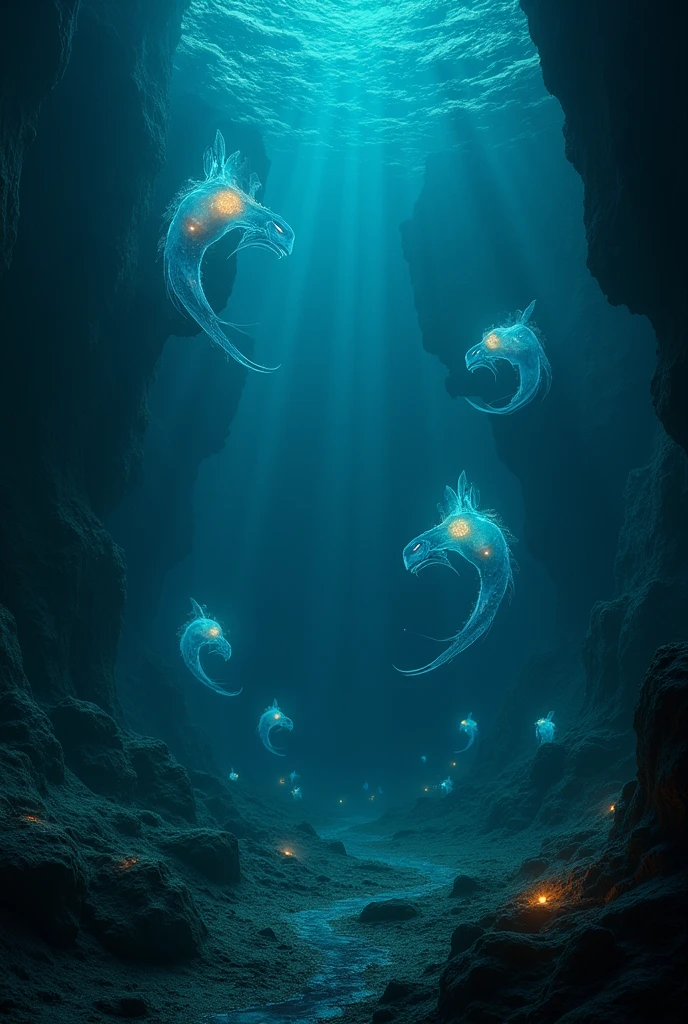 Bioluminescent Ocean、Transparent creatures、dark、myth、Creatures、monster、
