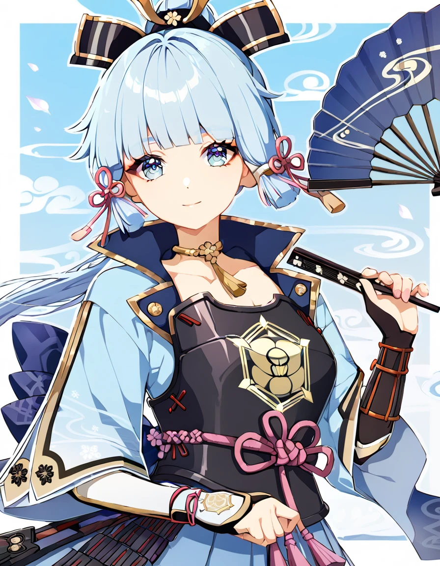 Ayaka Kamisato(genshin impact, adult women, light blue hair, ponytail, light blue eyes, light blue kimono, navy blue skirt, black breastplate, light smile), fan