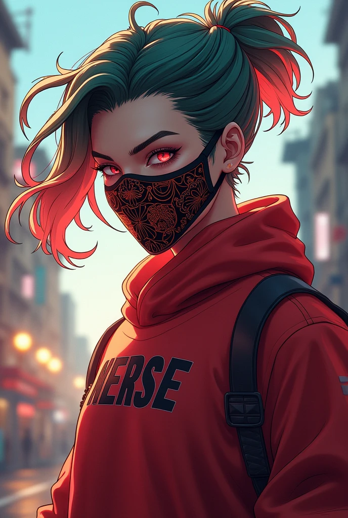 A free fire character with super calahari hair and demon slayer mask and red team shirt THE THEME IS FREE FIRE!