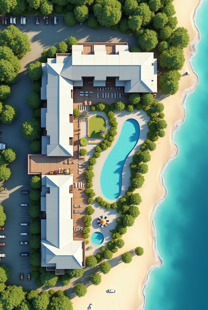 
1D beach hotel floor plan containing reception area, a restaurant, The recreation space, the rooms, A SPA area, An area for people with disabilities, 3 swimming pools, Connection with green areas, That can be like an open space, The L-shaped parking lot One part in front and the rest alongside, 2 closed pools for dirty water in the green area outside the hotel