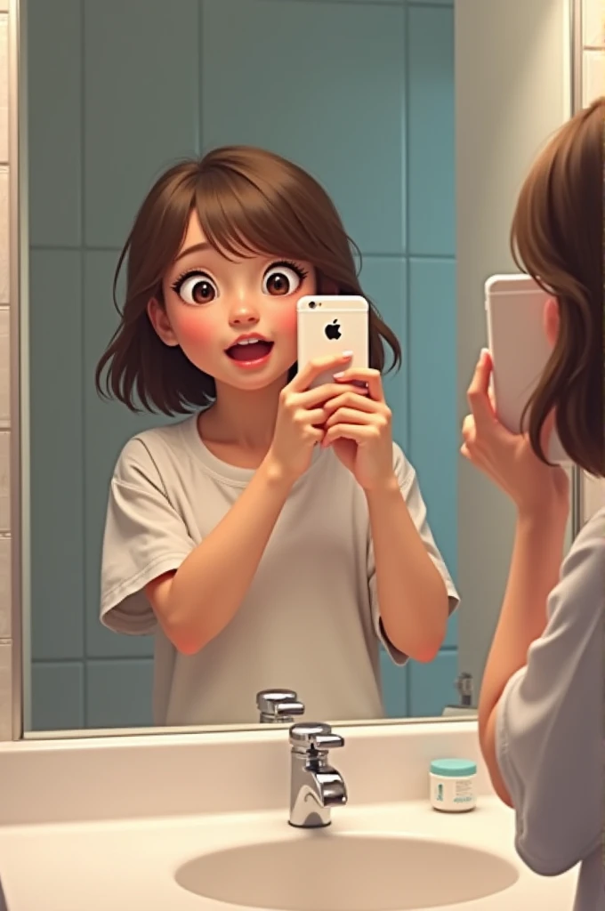 A girl selfie a front of minor in bathroom with iphone