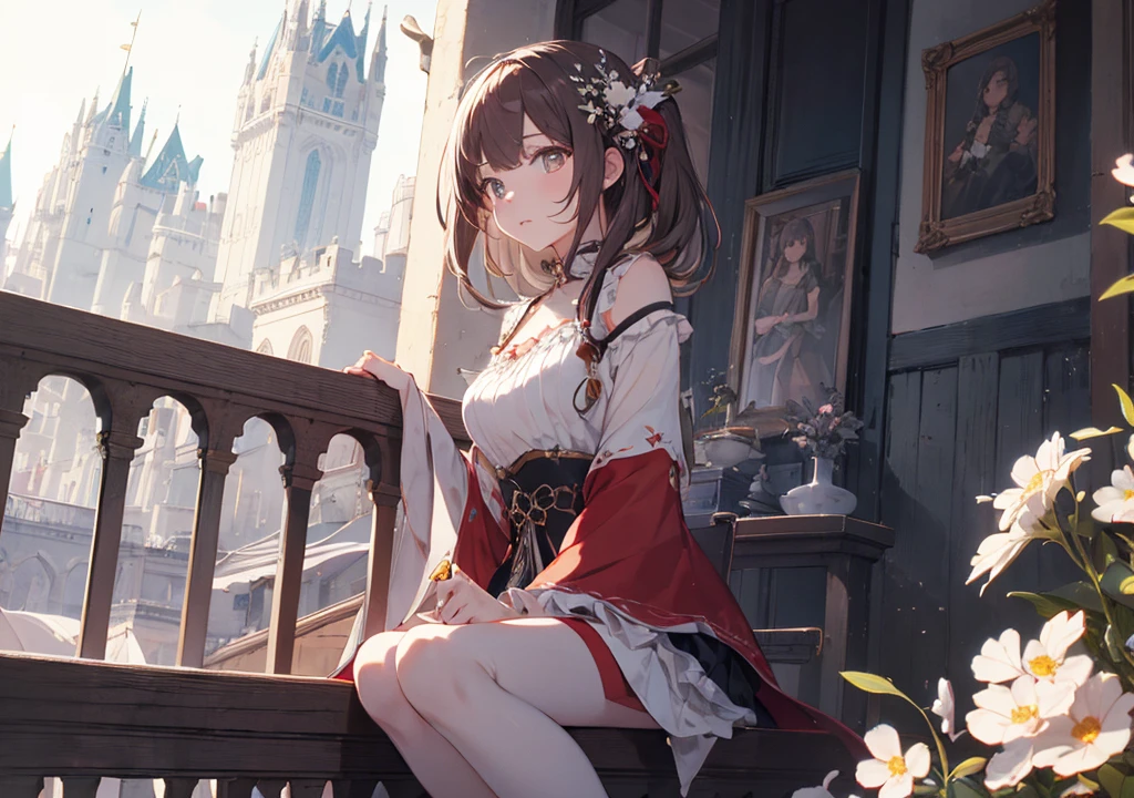 Realistic photos, Focus distance 10mm, Red and white, Beautiful girl, Realistic photos, Shooting at focus distance 10mm, masterpiece, 最high quality, high quality, Very detailed CG 8k wallpaper unit, Award-winning photography, Depth of written boundary, High resolution, bloom, chromatic aberration, Realistic, Very detailed, Art Station Trends, CGsociety Trends, Complex, High detail, dramatic, Art on the go, volumetric lighting, A beautiful Disney princess-esque girl meditates on the balcony of her castle. She sits on the breezy balcony, calming herself as she looks out over the kingdom that stretches out in the distance, with the morning light shining in the background