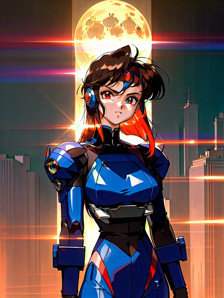 a cyberpunk policewoman, high quality, retro anime style, tanned skin, high quality, utra intricate, short red hair