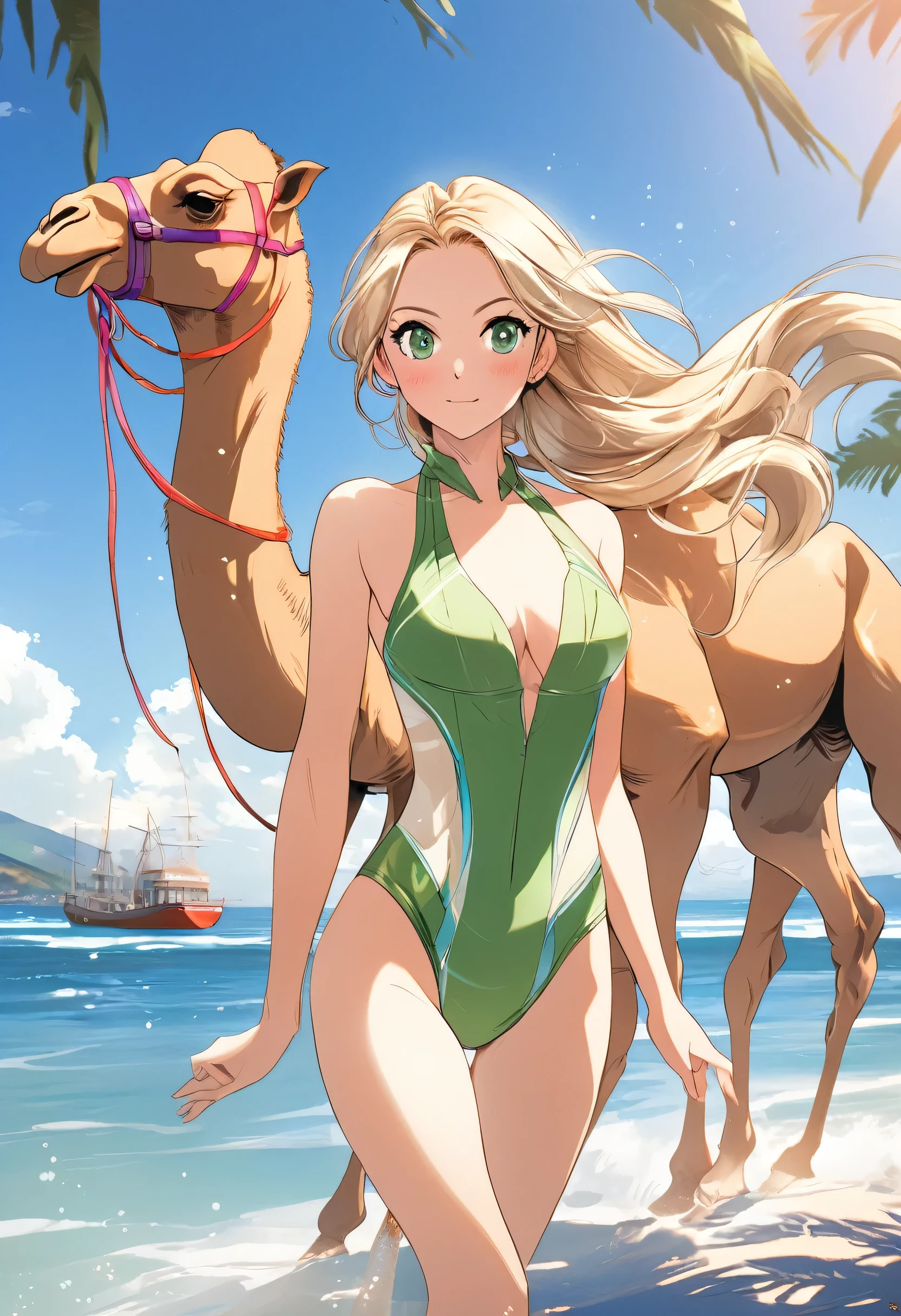 (high quality:1.4), (High resolution:1.3), (Very detailed:1.28), Cinema Lighting, masterpiece, Perfect Anatomy,1 Female,,30-year-old female,Mature Woman, Blonde , Green Eyes ,  slim, 
Outdoor, Ocean, Sandy Beach, Very strong sunlight,
Swimwear, bikiniSwimwear, Embarrassing, blush, 
No bra, Wearing CAMELTOE, Large Camel Toe, SWIMsuit, suit, leotard, bikini, 