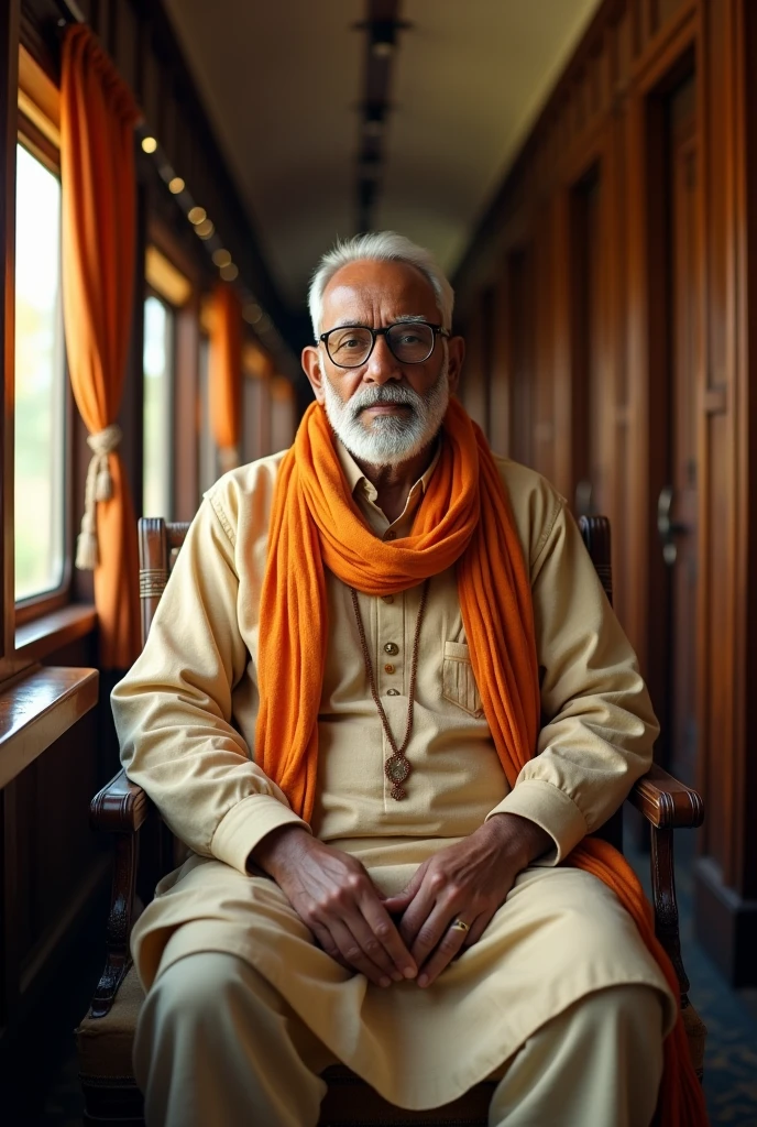 Create an image of a dignified-looking elderly Indian man sitting in an old-fashioned train compartment. He has a white beard and short white hair, is wearing traditional Indian attire consisting of a beige kurta and matching vest, and has a saffron scarf wrapped around his neck. He is wearing glasses, and his demeanor is serious and restrained, reflecting wisdom and experience. The background has warm lighting that creates a nostalgic glow, highlighting the wooden interiors of the train compartment. The overall atmosphere should evoke a sense of heritage and tradition