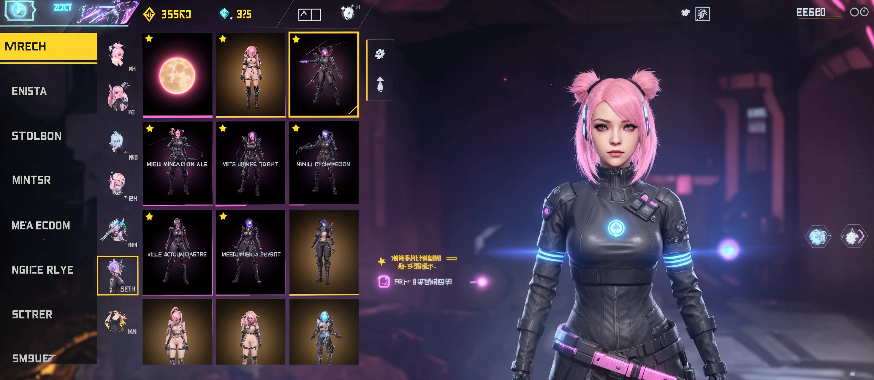 a close up of a person in a costume with pink hair, cyber punk setting, fashion gameplay screenshot, cyberpunk outfit, in a dark space mercenary outfit, mechanic punk outfit, cyberpunk style outfit, cyberpunk outfits, ingame image, astral witch clothes, lunar themed attire, pc screenshot, cyber universe style, ingame, cyberpunk clothes, violet battlefield theme, in-game