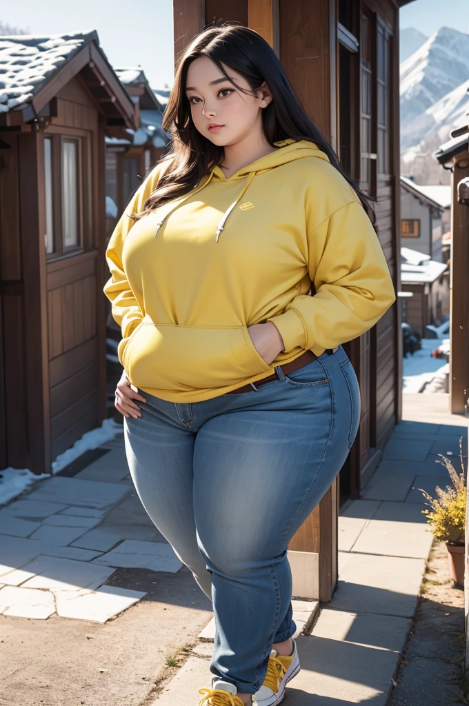 Beautiful sensual bbw woman with attractive body, long hair, forehead, small waist, fit the chest perfectly, Attractive highlighted loot, sparkling eyes, long eyelashes, thick thighs,very long legs, shy expression, she wears a hoodie, jeans, yellow belt, yellow sneakers, Take a walk in a mountain village, Looking at the old building, Winter's Evening, realistic, masterpiece, bokeh, volumetric lighting, Winter Season Atmosphere, Full body shot taken from the side