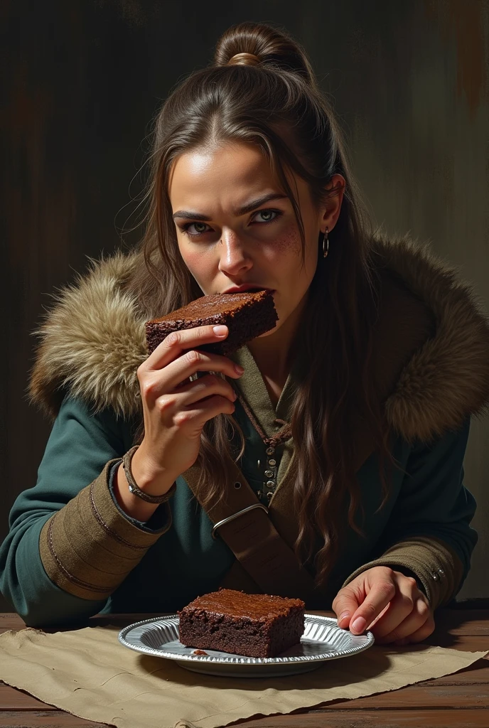Viking woman eating brownie on small aluminum tray