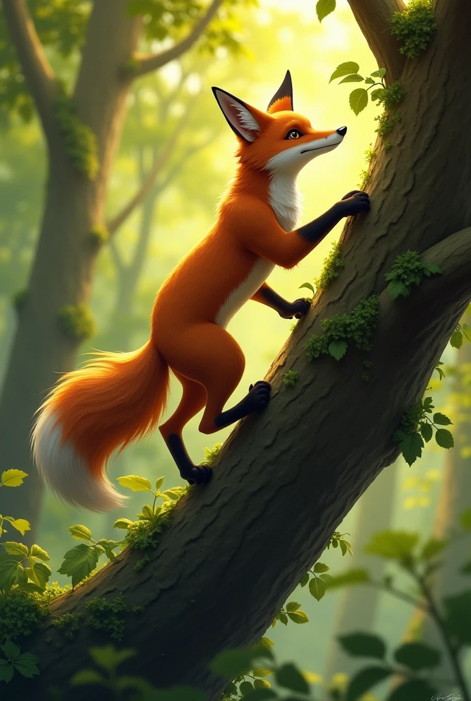 A fox climbing a tree