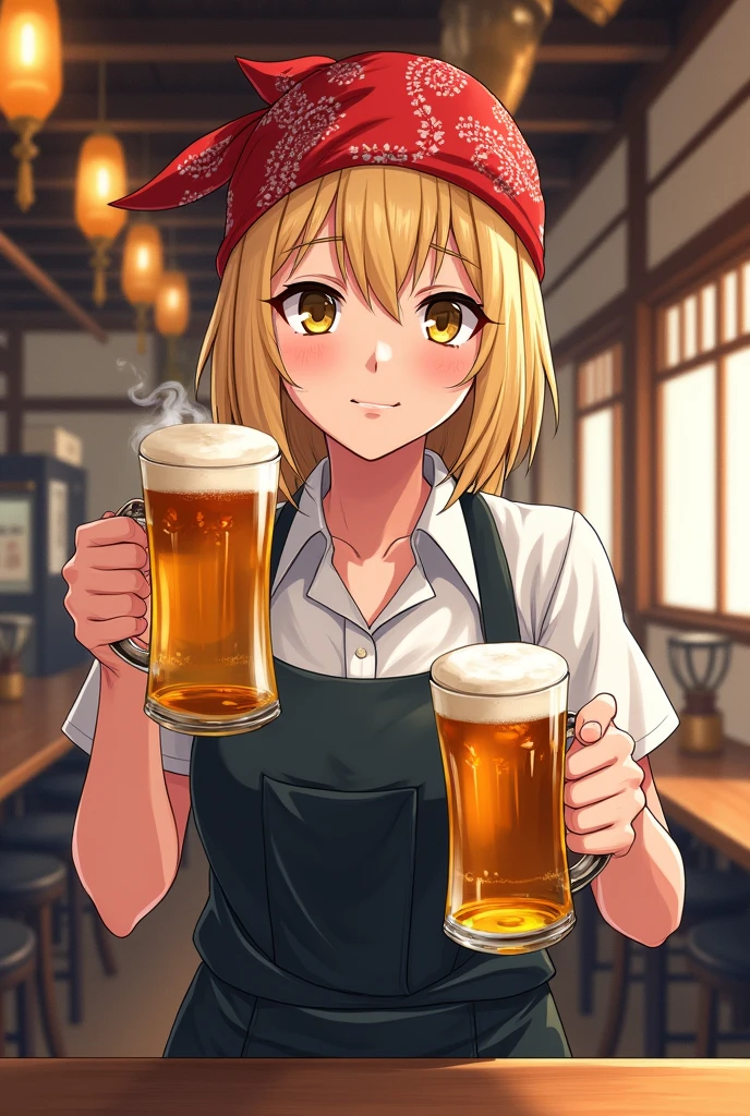 An anime-style illustration of a young lady with blonde hair and a bandana working hard at an izakaya, holding a beer mug in each hand