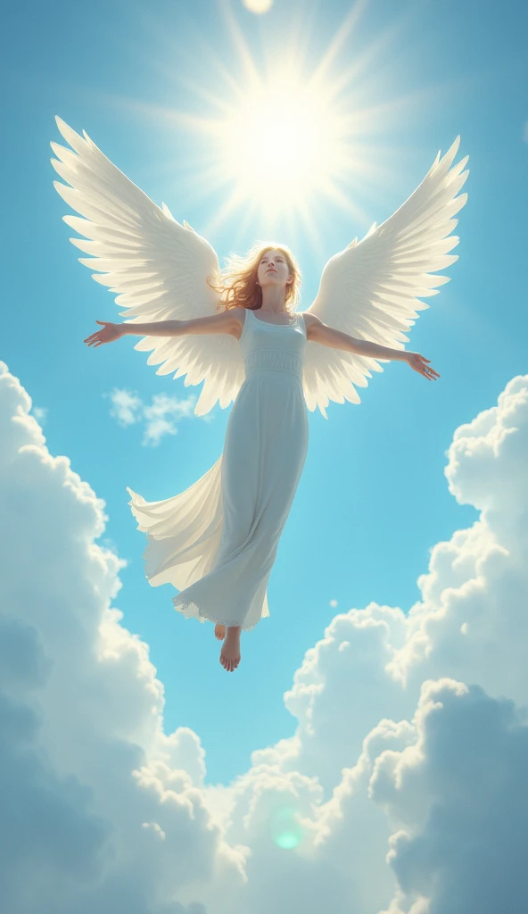 Floating in the air with arms outstretched、I々A beautiful angel gently looking down、whole body、blue sky、sun、cloud