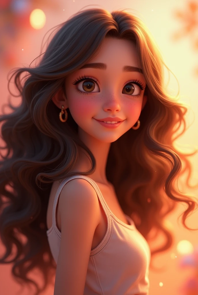 14 year old brunette teenager ,with long curly hair animated 