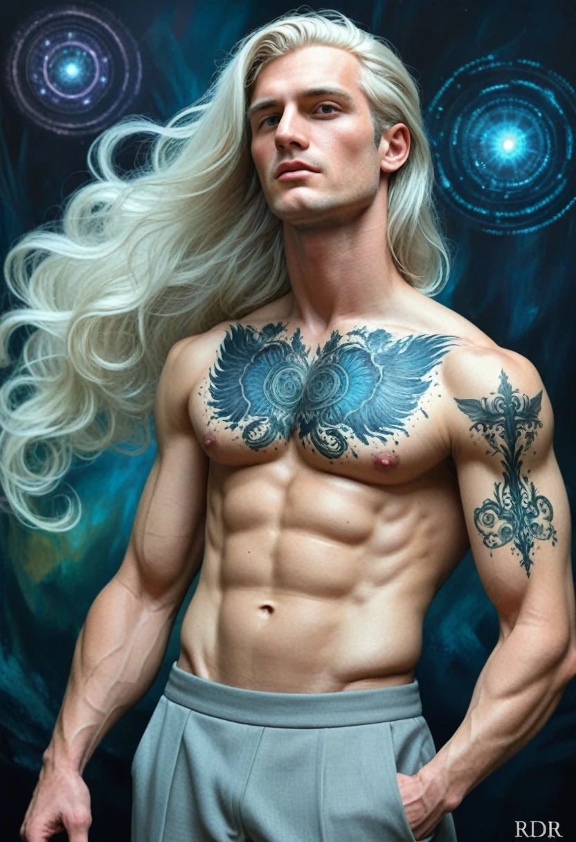 8k, sophisticated, elegant, highly detailed, majestic, digital photography, surreal painting, magic, magic, fairy tale, (Masterpiece, side light), hdr, (Bright blue eyes), Naked upper body, (shiny tattoo), Handsome adult man, long beautiful straight platinum hair below the shoulders, a long neck. athletic body, beautiful proportioned male figure, tanned skin, Handsome, in front of the camera - just a masterpiece. realistic. a full-length image. Long hair below the shoulders. grey clothes. He holds a large silver sword in his hands. a well-proportioned male body