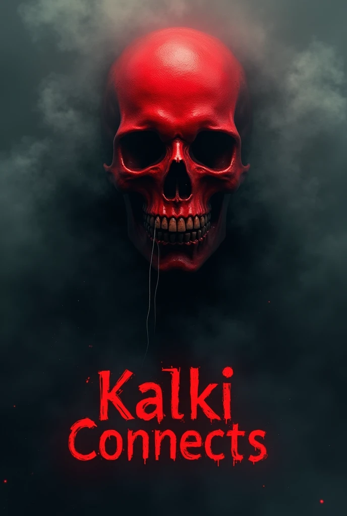 Red skull with dark fog surrounding it with "Kalki Connects" written on it