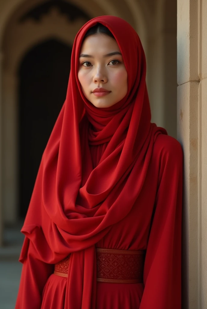 woman, red dress, hijab