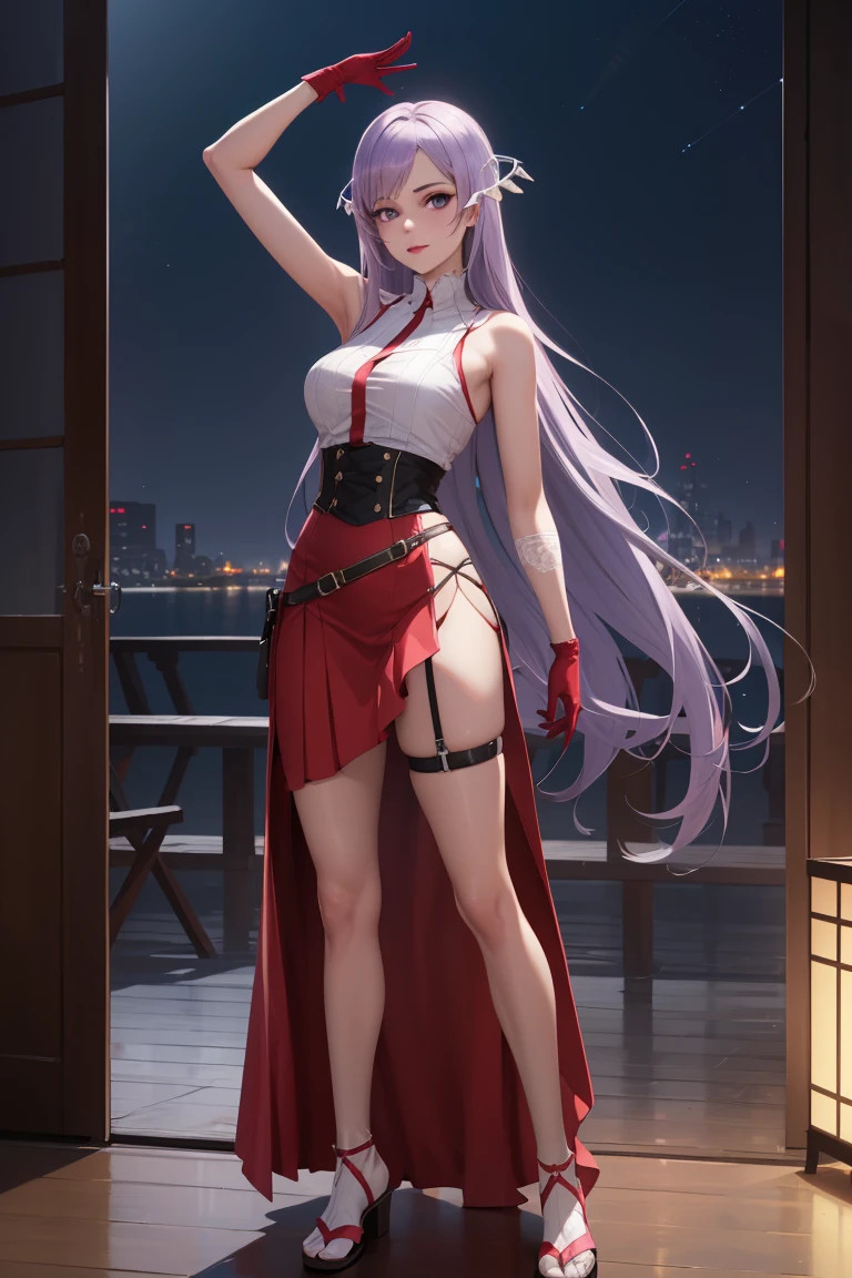 quinella, quinella, absurdly long hair, (purple eyes:1.1), long hair, parted bangs, purple hair, very long hair, hair ornament,medium breast,
BREAK (sleeveless shirt, red skirt, garter straps, red gloves, high-waist skirt, pink gloves:1.2),
BREAK (Night:1.7), Japan, cyberpunk, CityView, Before Window, Standing at attention,armpits,arm up, expressive eyes,seductive smile, looking at viewer, NSFW,(Full_body),
BREAK (masterpiece:1.2), best quality, high resolution,NSW ,unity 8k wallpaper, (illustration:0.8), (beautiful detailed eyes:1.6), extremely detailed face, perfect lighting, extremely detailed CG, (perfect hands, perfect anatomy),