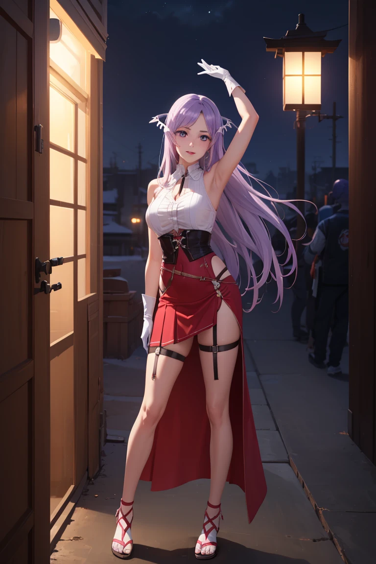 quinella, quinella, absurdly long hair, (purple eyes:1.1), long hair, parted bangs, purple hair, very long hair, hair ornament,medium breast,
BREAK (sleeveless shirt, red skirt, garter straps, red gloves, high-waist skirt, pink gloves:1.2),
BREAK (Night:1.7), Japan, cyberpunk, CityView, Before Window, Standing at attention,armpits,arm up, expressive eyes,seductive smile, looking at viewer, NSFW,(Full_body),
BREAK (masterpiece:1.2), best quality, high resolution,NSW ,unity 8k wallpaper, (illustration:0.8), (beautiful detailed eyes:1.6), extremely detailed face, perfect lighting, extremely detailed CG, (perfect hands, perfect anatomy),