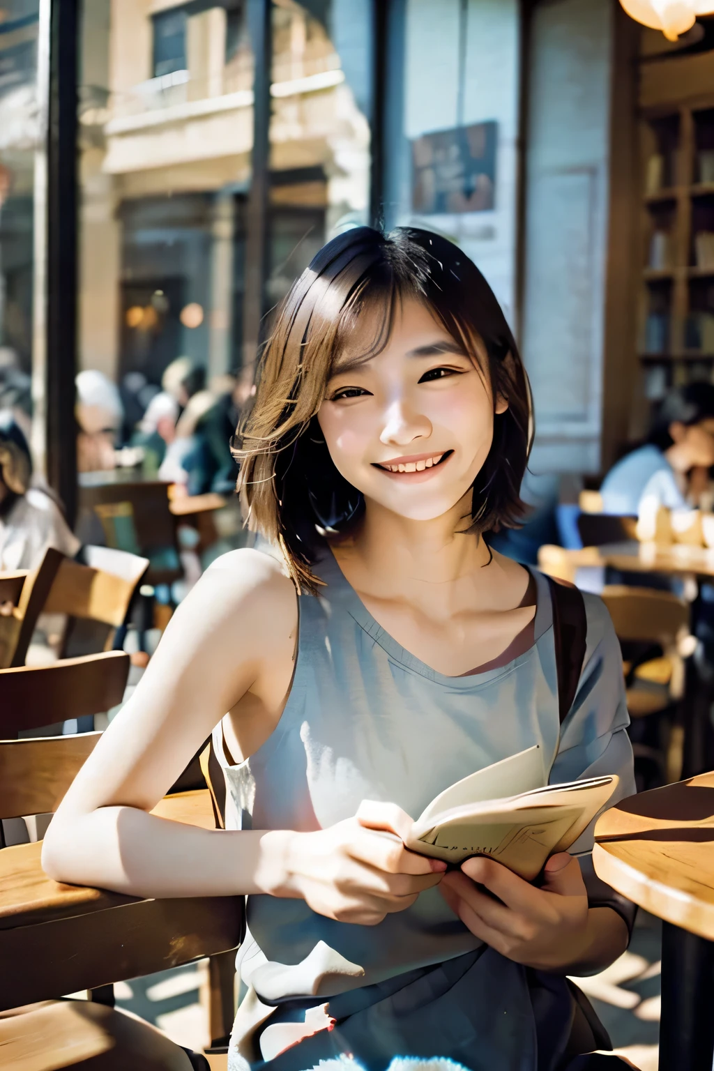 35mm film photography, A cute Asian female model with shoulder-length hair, smiling genuinely while reading a book at a café. The background includes shelves of books and a large window letting in bright daylight, creating a lively ambiance., high detail, split gradient colors background, blurry, muted colors, long exposition motion blur, portrait shot