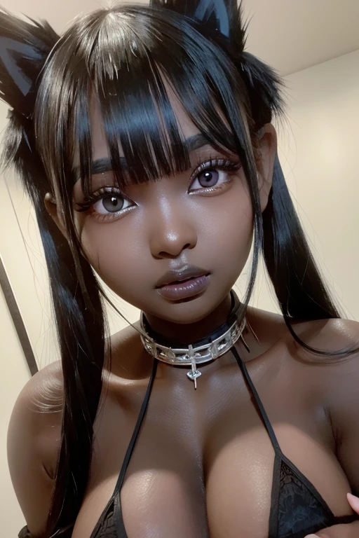 best quality, masterpiece, highres, (detailed:1.4), 1 girl, black hair, ( dark skin:1.6), extremally thin eyebrows , thick bluish eyeshadow, thick black eyeliner, Highlighted eyes with eyeliner, false eyelashes, ( ahegao )
