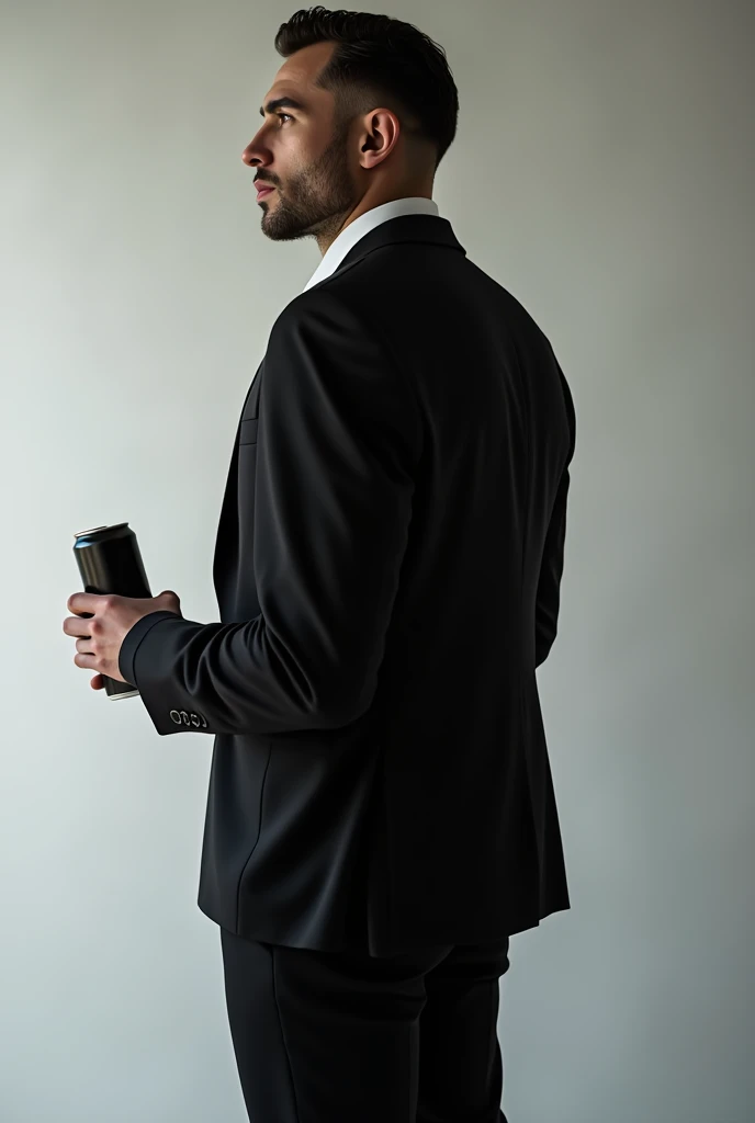 A model turns his back and holds a can, posing for a photo shoot.