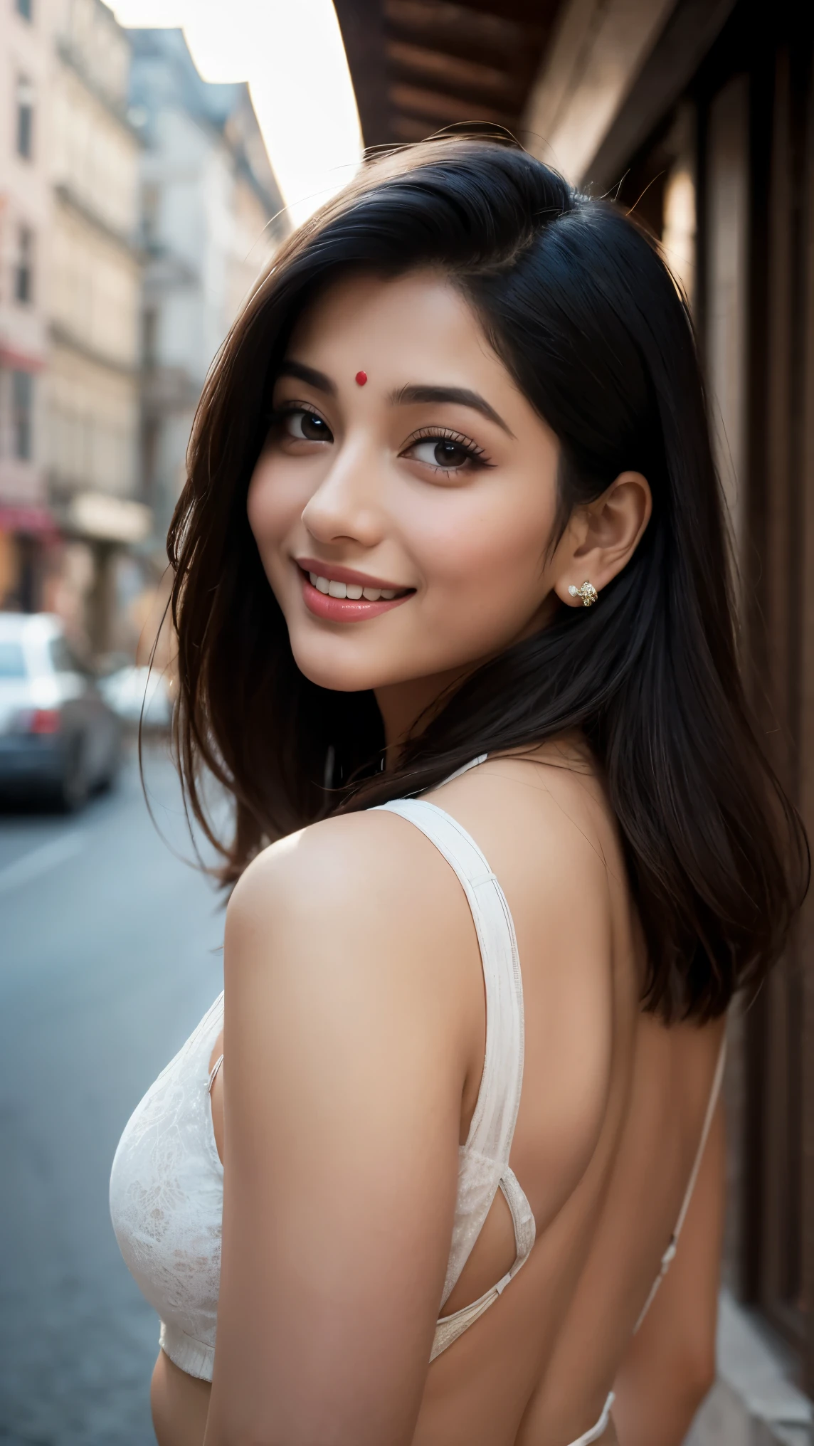 In a nostalgic European street setting, bathed in soft, warm light with a subtle lens filter, a stunning Indian beauty, reminiscent of iconic actresses Madhubala and Vyjayanthimala, breaks into a radiant smile. Her long, shiny black locks cascade down her back like a waterfall of night. Her eyes sparkle with joy, shining at the notion of being asked to be someone's Valentine. still reeling from a romantic date. Framed by a retro-style composition, this 25-year-old beauty exudes happiness and love, radiating an atmosphere of tender vulnerability.