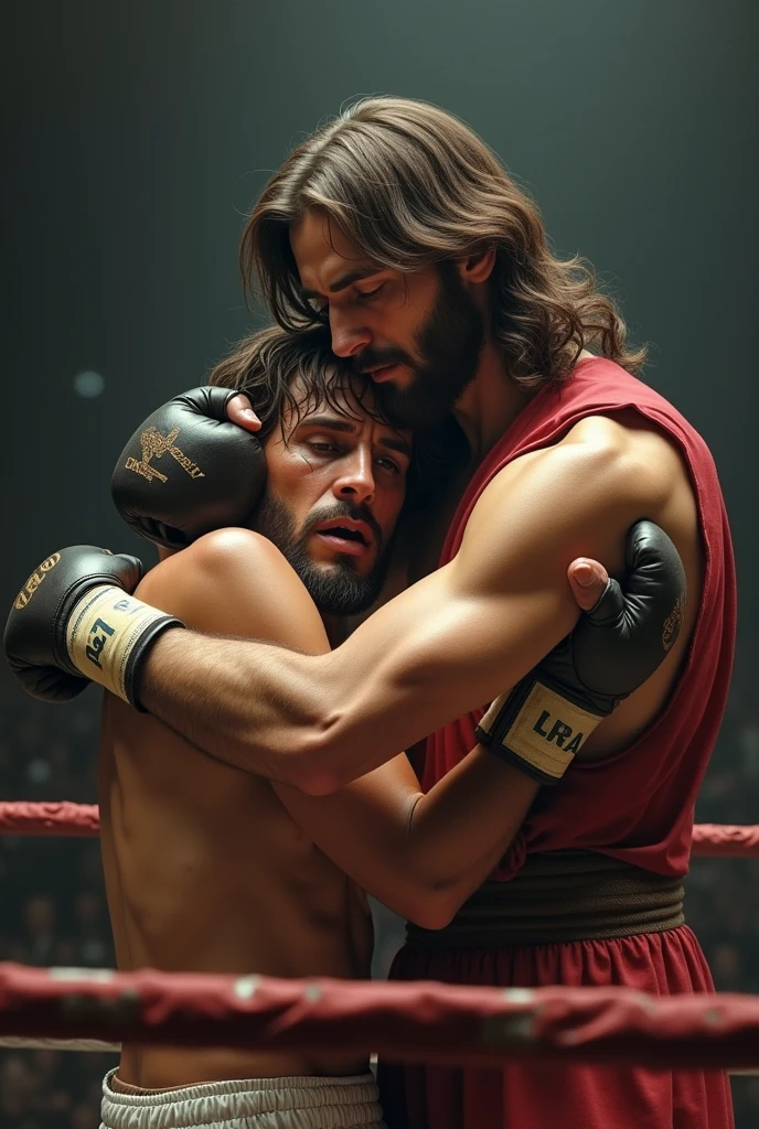 Jesus hugging a crying fighter in the ring