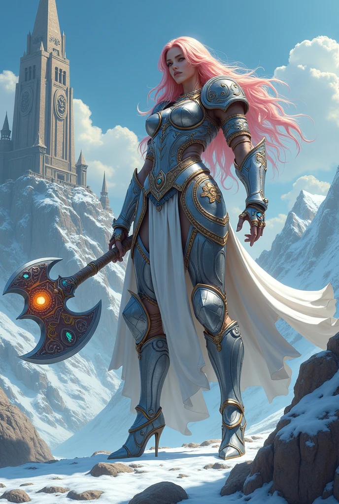 a fantasy art illustration of a  female giant knight armed with a mighty axe standing near a temple built on snowy mountain, (((she is as tall as the mountain: 1.3))) a wild beautiful, exotic beautiful giant knight, ((anatomically correct: 1.5), (ultra detailed face: 1.2), best detailed face, dynamic hair color, dynamic hair style, armed with a giant axe, shiny axe, its blade reflects the sunlight, studded with gems, wearing metal armor, dynamic armor color, wearing high heeled boots, standing near a fantasy temple, magnificent temple, with a tower, on snowy mountain (((she is as tall as the mountain:1.3))), vibrant, Hyperrealism style, vibrant, Ultra-high resolution, High Contrast, (masterpiece:1.5), highest quality, Best aesthetics), best details, best quality, highres, ultra wide angle, 16k, [ultra detailed], masterpiece, best quality, (extremely detailed) RAW, 