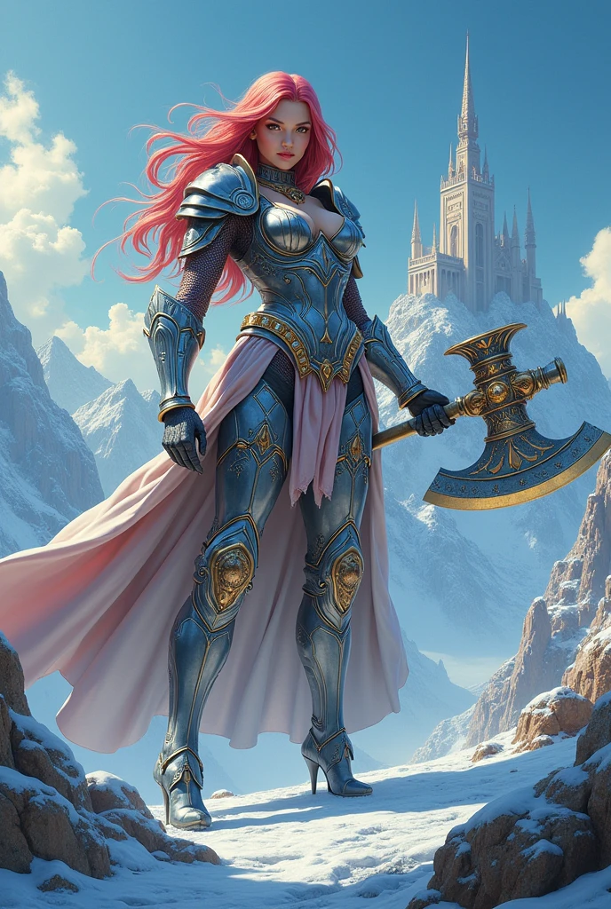 a fantasy art illustration of a  female giant knight armed with a mighty axe standing near a temple built on snowy mountain, (((she is as tall as the mountain: 1.3))) a wild beautiful, exotic beautiful giant knight, ((anatomically correct: 1.5), (ultra detailed face: 1.2), best detailed face, dynamic hair color, dynamic hair style, armed with a giant axe, shiny axe, its blade reflects the sunlight, studded with gems, wearing metal armor, dynamic armor color, wearing high heeled boots, standing near a fantasy temple, magnificent temple, with a tower, on snowy mountain (((she is as tall as the mountain:1.3))), vibrant, Hyperrealism style, vibrant, Ultra-high resolution, High Contrast, (masterpiece:1.5), highest quality, Best aesthetics), best details, best quality, highres, ultra wide angle, 16k, [ultra detailed], masterpiece, best quality, (extremely detailed) RAW, 