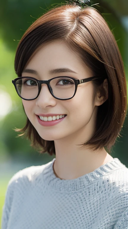 1 female,Realistic,Highest quality,Ultra-high resolution,8k,Cool beauty,beauty,Perfect Style,Summer knitwear,Japanese,Upper body close-up,smile,Looking into the camera,Very short bob、Glasses、