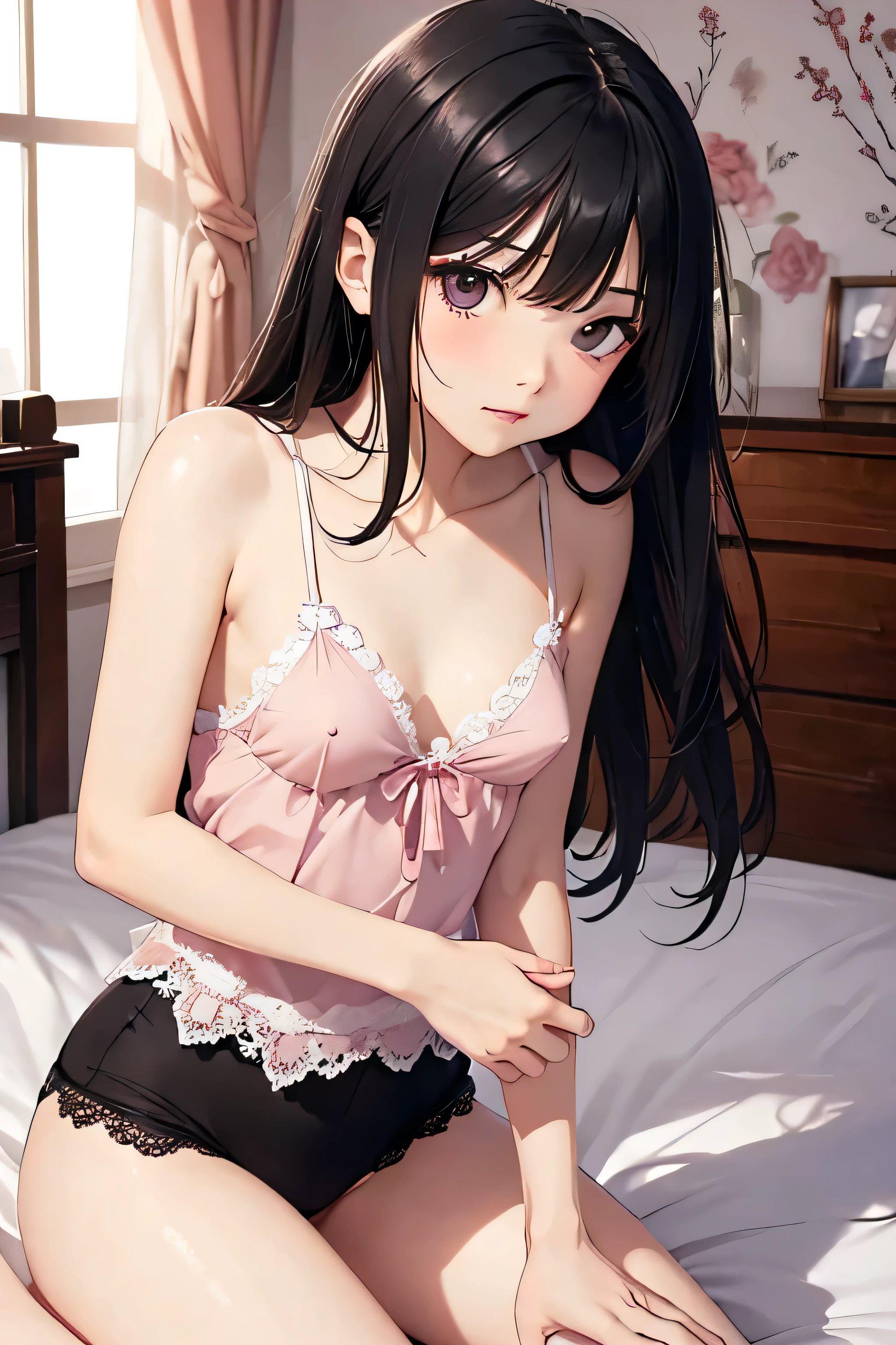 ((Highest quality)), ((2D)), (Small eyes), Perfect Face,,Beautiful Face,Slit eyes,Narrow eyes,bed,Small breasts,Thin arms,Skinny,Lace camisole,Black Hair,Pink nipples