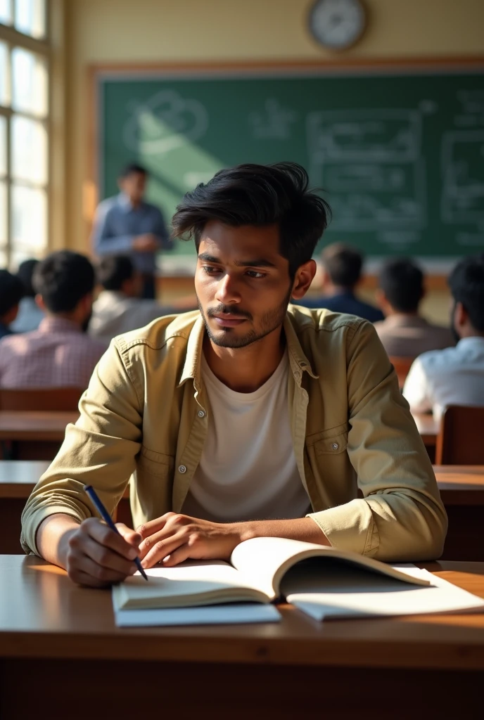 Prompt:
A focused Indian college boy, dressed in casual attire, sits attentively in a university classroom. His eyes are fixed on a textbook, while his hand diligently takes notes. The professor, standing at the front of the class, explains a complex concept, gesturing with chalk on the blackboard. The room is filled with the soft hum of students scribbling and whispering. Sunlight streams through large windows, casting long shadows on the students.