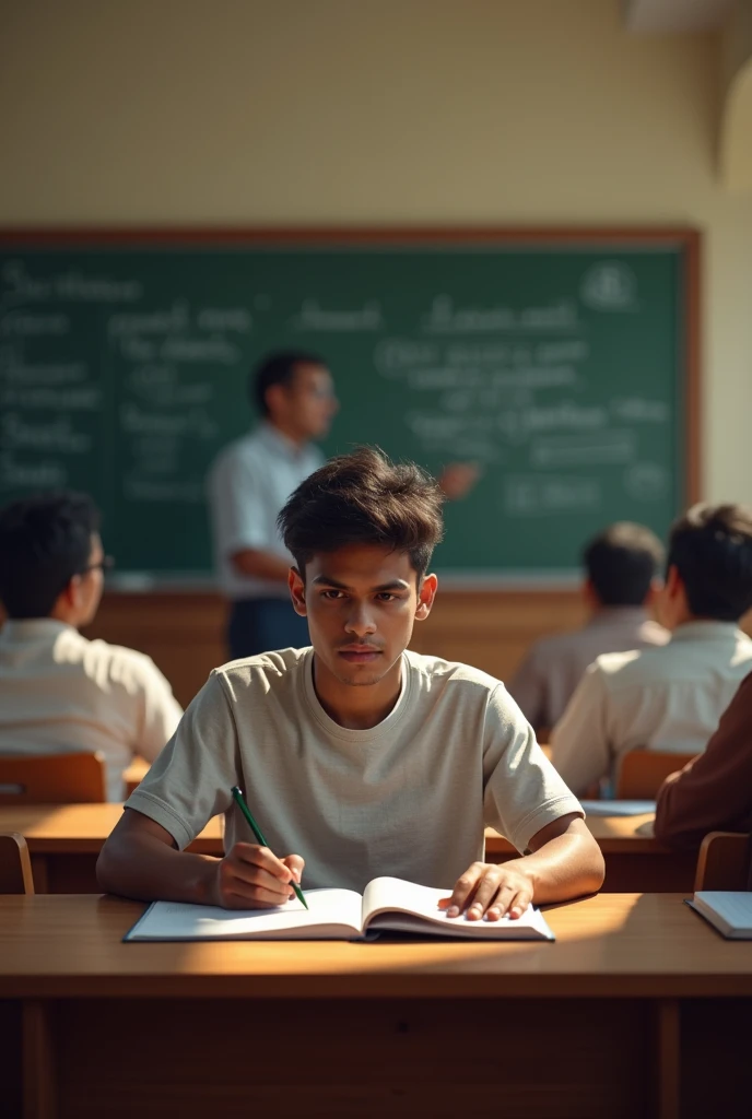 Prompt:
A focused Indian college boy, dressed in casual attire, sits attentively in a university classroom. His eyes are fixed on a textbook, while his hand diligently takes notes. The professor, standing at the front of the class, explains a complex concept, gesturing with chalk on the blackboard. The room is filled with the soft hum of students scribbling and whispering. Sunlight streams through large windows, casting long shadows on the students.