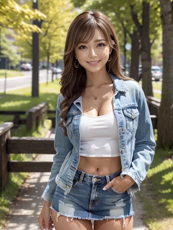Highest quality, masterpiece, Ultra-high resolution, (Realistic:1.4), Beautiful woman, Clear grey V-neck shirt, G-string, Cleavage, ((Denim jacket))， Center of chest, Tight waist, Glowing Skin, 魅惑的なsmile, Bokeh, smile,  pubic hair, thick pubic hair, long pubic hair, Denim mini skirt, Brown Hair、Fresh green scenery in Karuizawa、